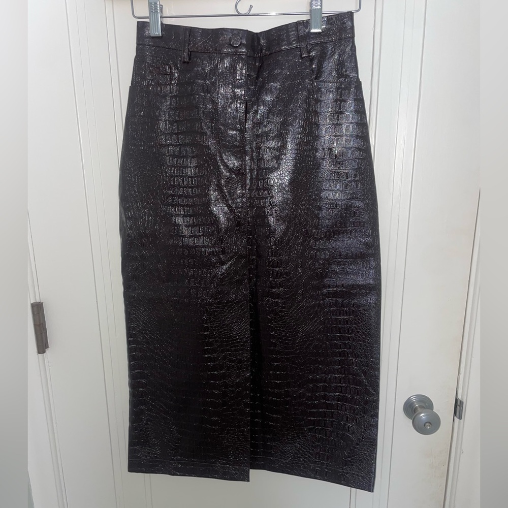 Brown Faux Leather Crocodile Embossed Maxi Skirt
